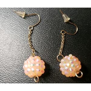 Iridescent Pink Crystal Disco Ball Dangle Earrings Gold Tone Chain
